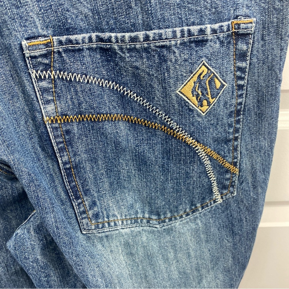 Clench Jeans Mens Y2K Jeans 36x32 Denim Grunge  Hip Hop Suede Stipe 2 Tone Patch - Picture 7 of 10